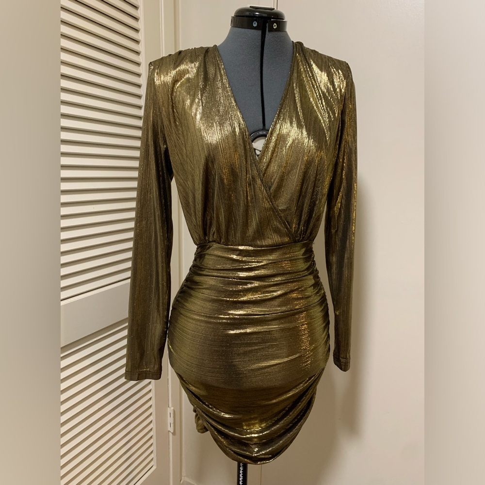Shoedazzle Gold Metallic Mini Cocktail Dress - Bold Shoulder- Size Small